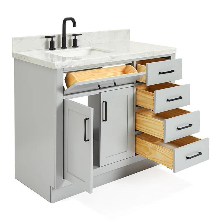 Wildon Home® Tidworth 42'' Solid Wood Single Bathroom Vanity with 1.5'' White Quartz Top, Right Offset Rectangular Sink