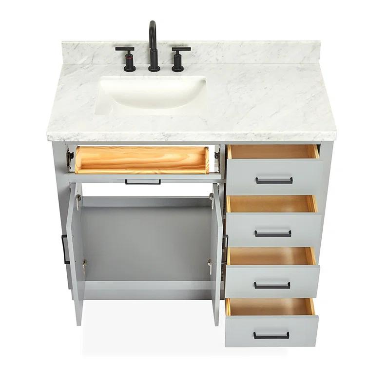 Wildon Home® Tidworth 42'' Solid Wood Single Bathroom Vanity with 1.5'' White Quartz Top, Right Offset Rectangular Sink