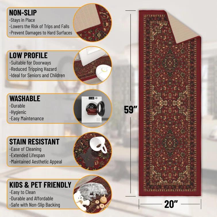 Ottohome Non-Slip Medallion Oriental Area Rug For Living Room, Hallway, Entryway Rug, Dark Red