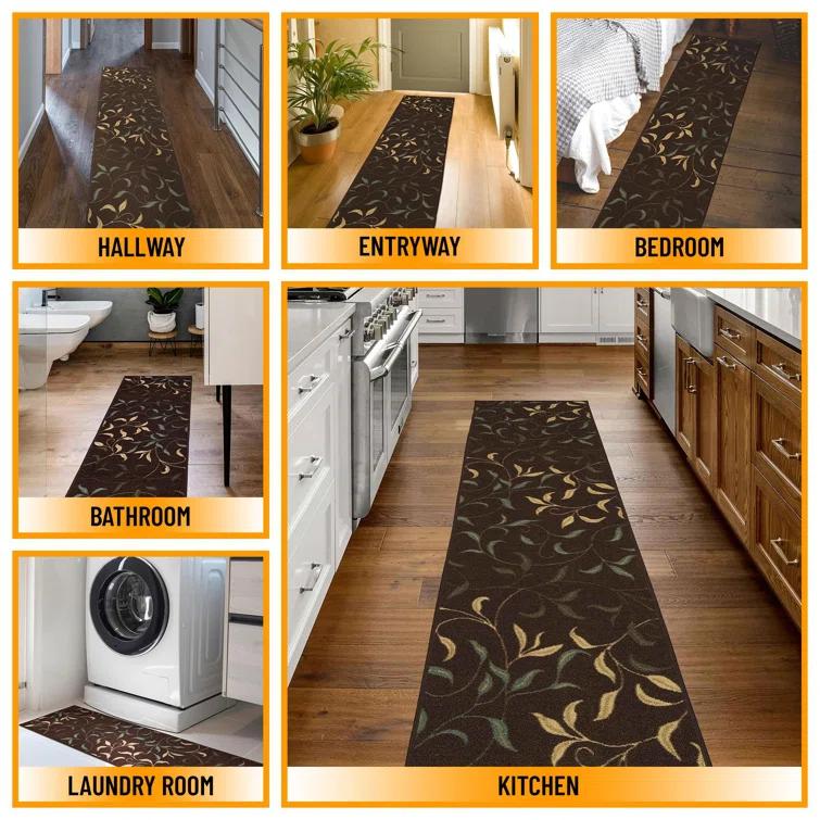 Ottohome Non-Slip Leaves Area Rug For Living Room, Hallway Runner, Entryway Rug, Brown
