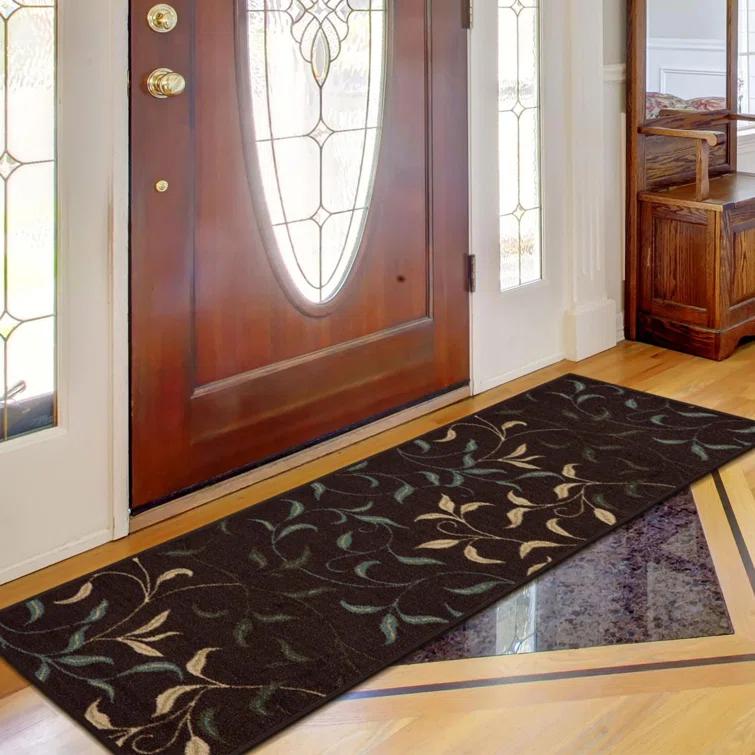 Ottohome Non-Slip Leaves Area Rug For Living Room, Hallway Runner, Entryway Rug, Brown