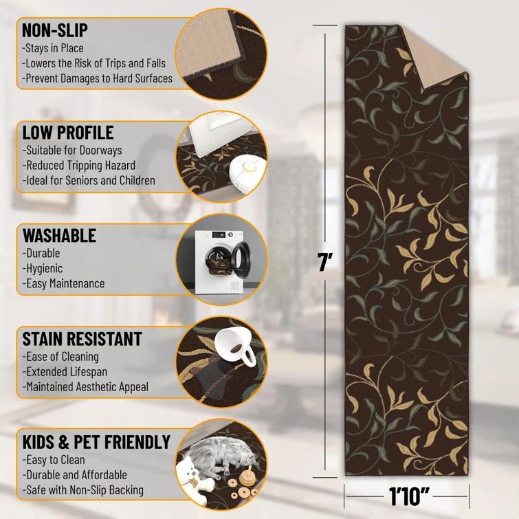 Ottohome Non-Slip Leaves Area Rug For Living Room, Hallway Runner, Entryway Rug, Brown