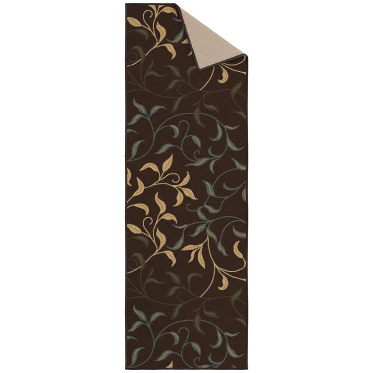 Ottohome Non-Slip Leaves Area Rug For Living Room, Hallway Runner, Entryway Rug, Brown