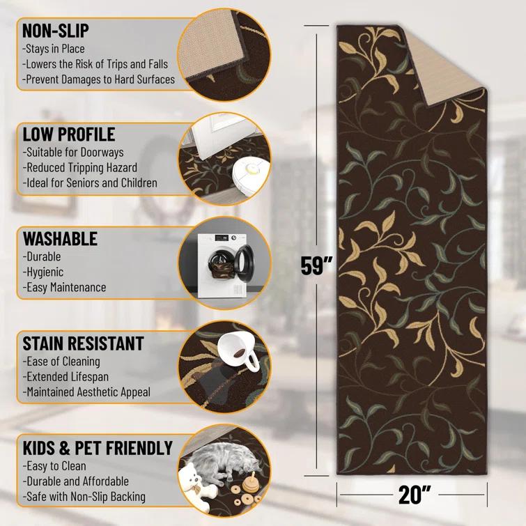 Ottohome Non-Slip Leaves Area Rug For Living Room, Hallway Runner, Entryway Rug, Brown