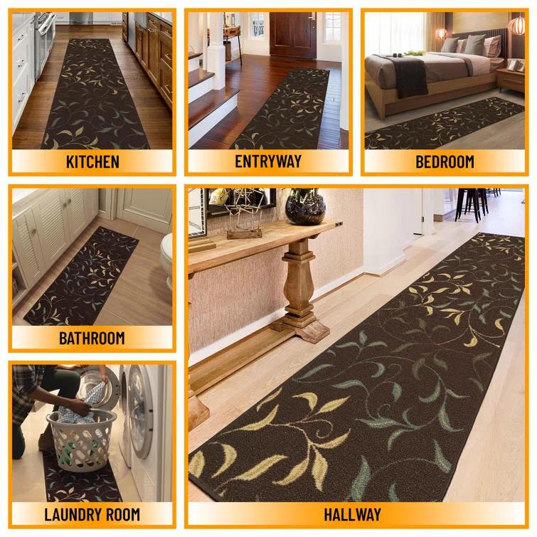 Ottohome Non-Slip Leaves Area Rug For Living Room, Hallway Runner, Entryway Rug, Brown