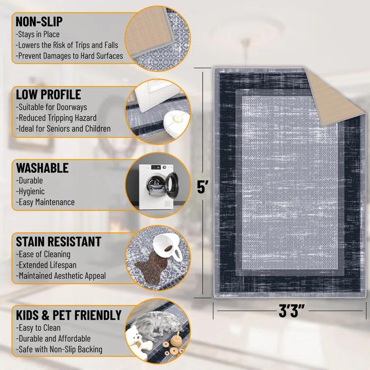 Non-Slip Bordered Area Rug For Living Room, Hallway Runner, Entryway Rug