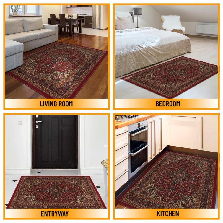 Ottohome Non-Slip Medallion Oriental Area Rug For Living Room, Hallway, Entryway Rug, Dark Red