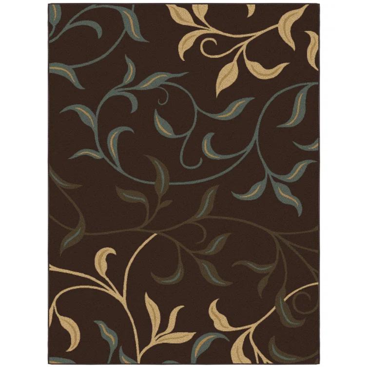 Ottohome Non-Slip Leaves Area Rug For Living Room, Hallway Runner, Entryway Rug, Brown