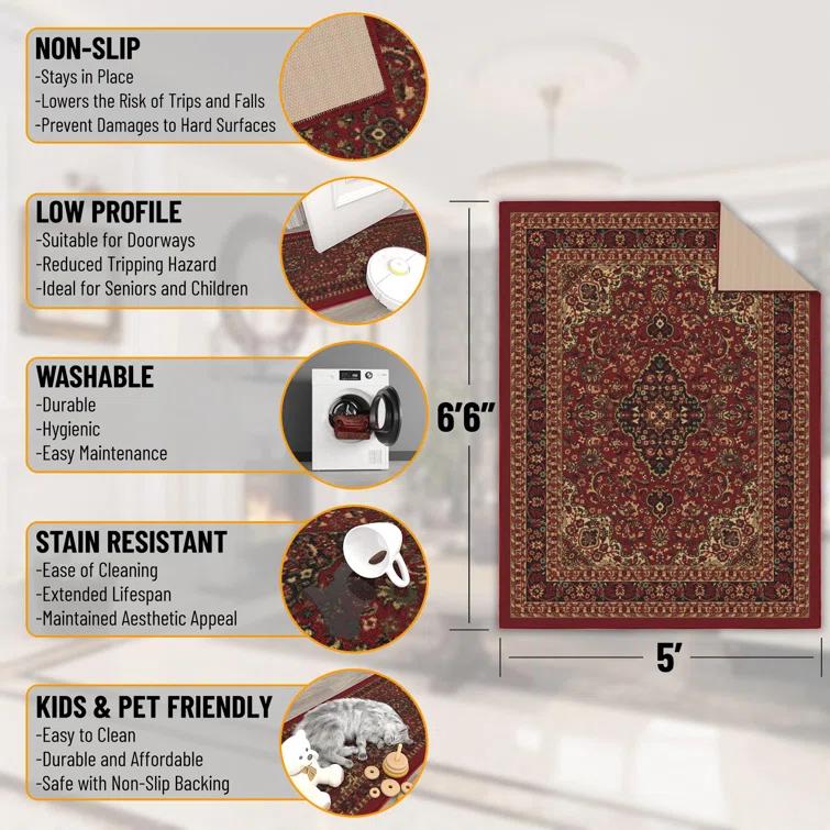 Ottohome Non-Slip Medallion Oriental Area Rug For Living Room, Hallway, Entryway Rug, Dark Red