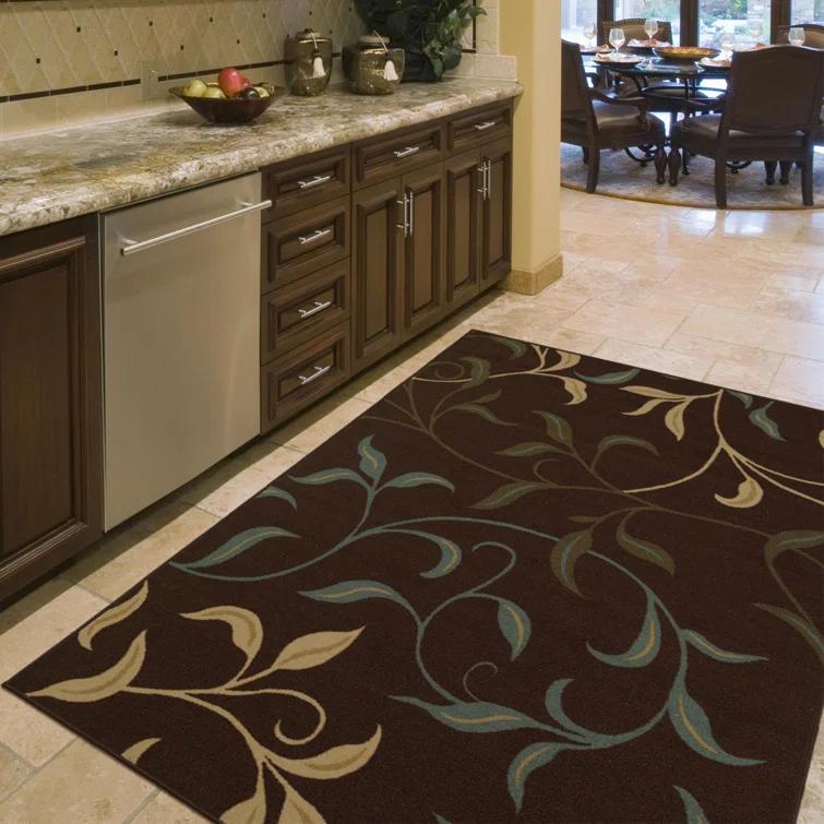 Ottohome Non-Slip Leaves Area Rug For Living Room, Hallway Runner, Entryway Rug, Brown