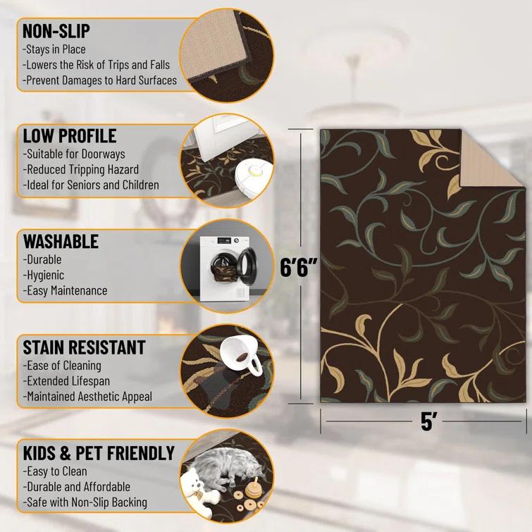 Ottohome Non-Slip Leaves Area Rug For Living Room, Hallway Runner, Entryway Rug, Brown