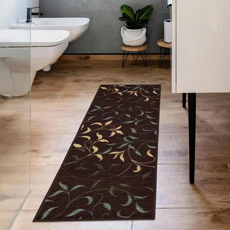 Ottohome Non-Slip Leaves Area Rug For Living Room, Hallway Runner, Entryway Rug, Brown