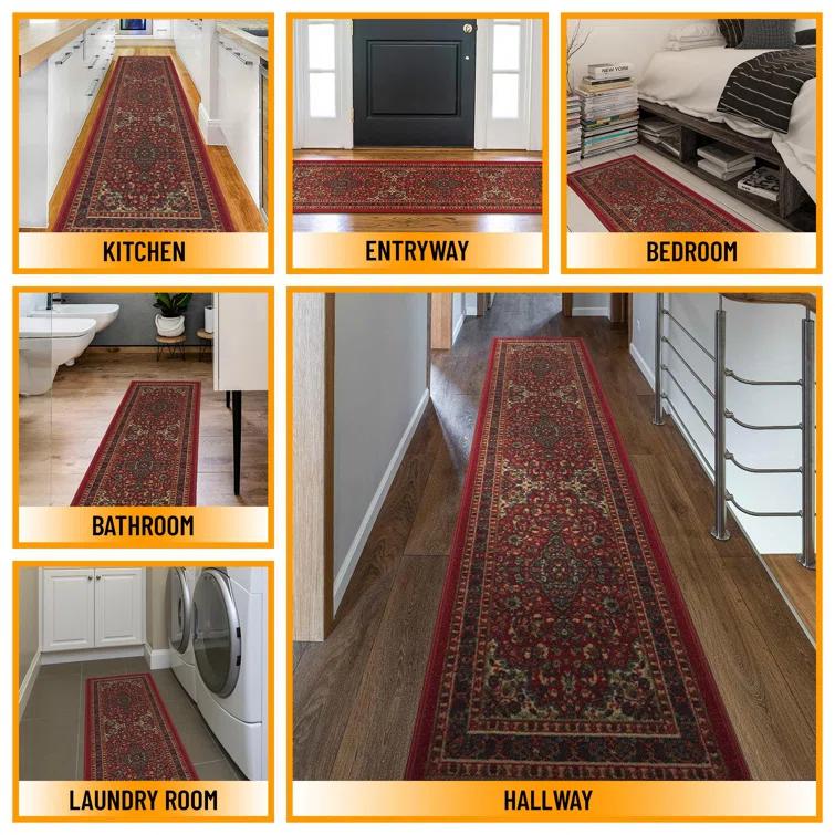 Ottohome Non-Slip Medallion Oriental Area Rug For Living Room, Hallway, Entryway Rug, Dark Red