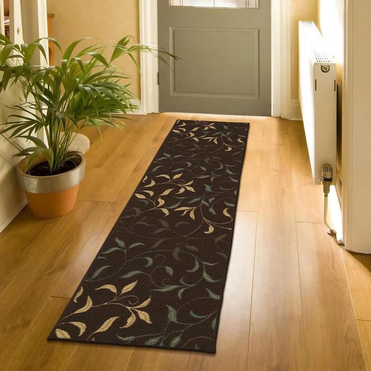 Ottohome Non-Slip Leaves Area Rug For Living Room, Hallway Runner, Entryway Rug, Brown