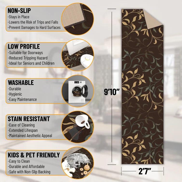 Ottohome Non-Slip Leaves Area Rug For Living Room, Hallway Runner, Entryway Rug, Brown