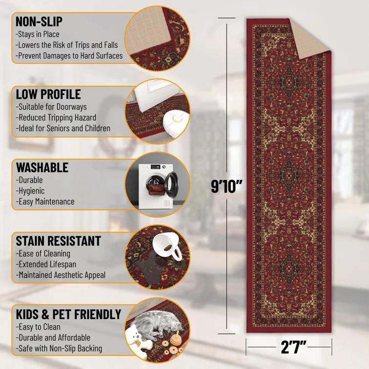 Ottohome Non-Slip Medallion Oriental Area Rug For Living Room, Hallway, Entryway Rug, Dark Red