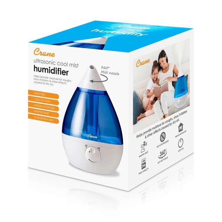 Crane USA 1 Gal. Cool Mist Ultrasonic Humidifier for Bedroom, Office, Nursery, Blue/White, Crane USA