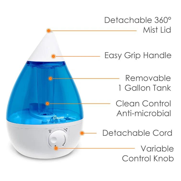 Crane USA 1 Gal. Cool Mist Ultrasonic Humidifier for Bedroom, Office, Nursery, Blue/White, Crane USA