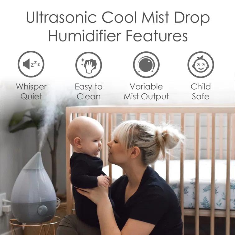 Crane Ultrasonic Teardrop Cool Mist Humidifier, Large 1 Gal Tank, Automatic Shut-Off, Baby Humidifiers for Nursery and Bedroom, Grey
