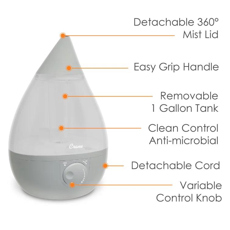 Crane Ultrasonic Teardrop Cool Mist Humidifier, Large 1 Gal Tank, Automatic Shut-Off, Baby Humidifiers for Nursery and Bedroom, Grey