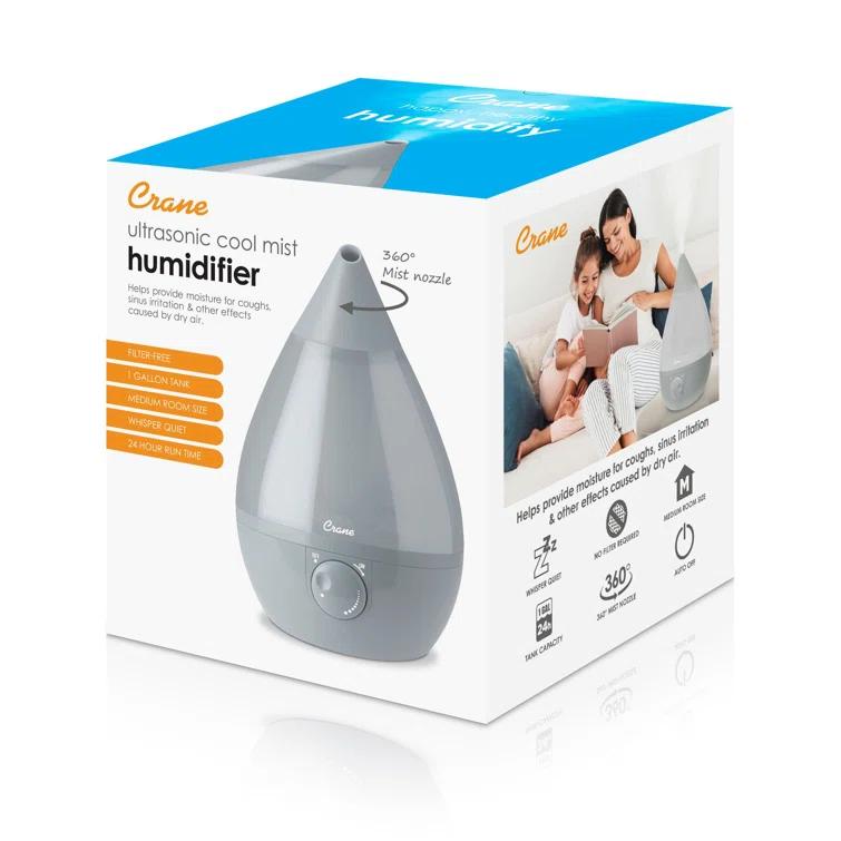 Crane Ultrasonic Teardrop Cool Mist Humidifier, Large 1 Gal Tank, Automatic Shut-Off, Baby Humidifiers for Nursery and Bedroom, Grey