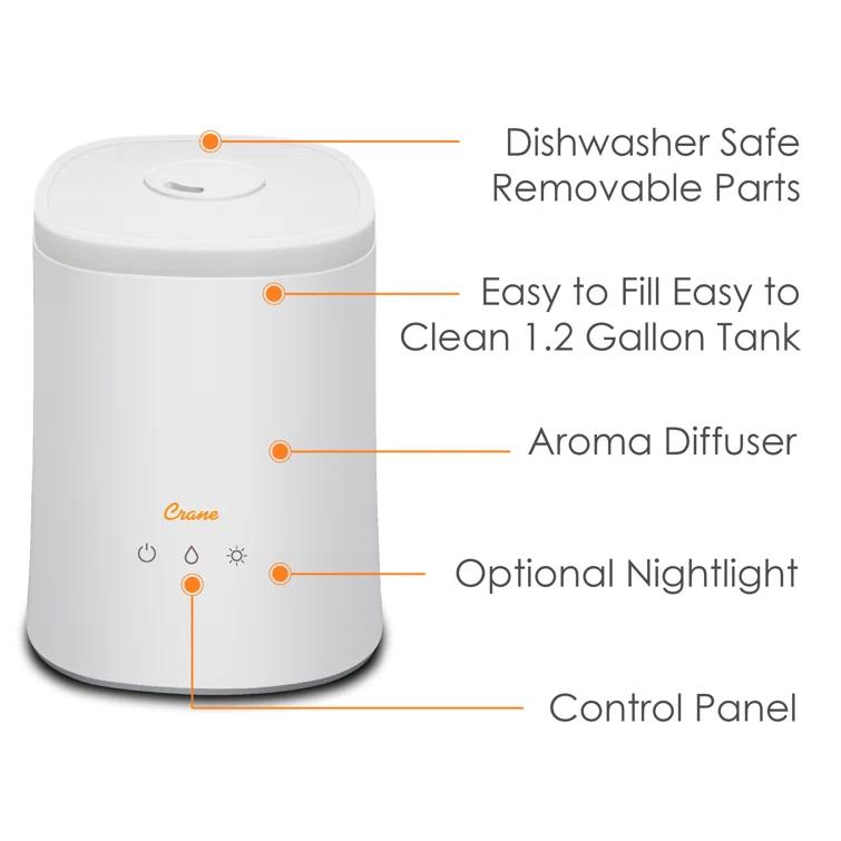 Crane USA 1.2 Gal. Cool Mist Ultrasonic Tabletop Humidifier 500 Sq. Ft., With Night Light, For Bedroom
