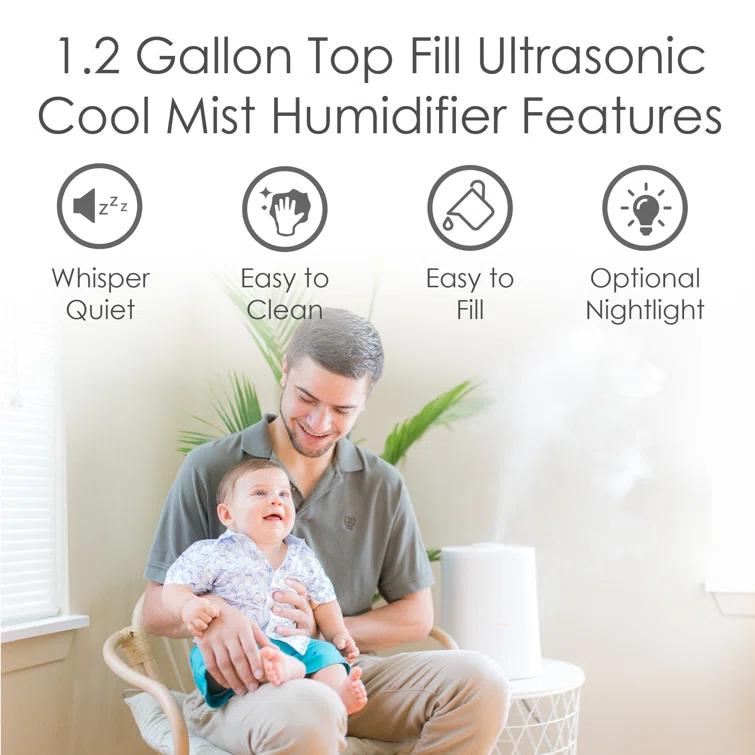 Crane USA 1.2 Gal. Cool Mist Ultrasonic Tabletop Humidifier 500 Sq. Ft., With Night Light, For Bedroom