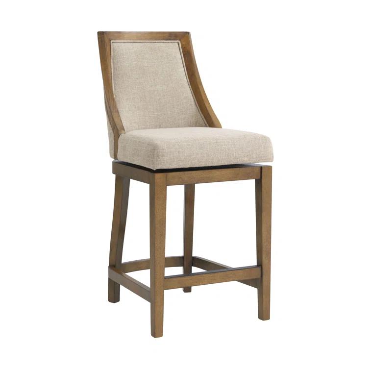 Alaterre Ellie Bar Height Stool, Back, Swivel Seat, Brown, Upholstered Padded Seat, Rubberwood Frame, Steel Memory Return Mechanism, Dimensions 19 in. W x 22 in. D x 46 in. H, Footrest, Metal Kick Plate