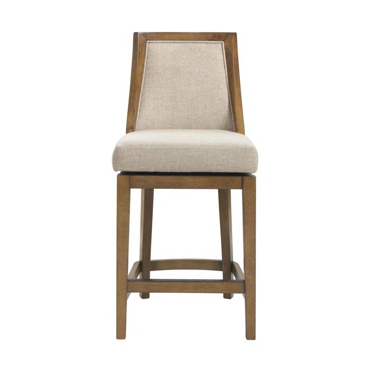 Alaterre Ellie Bar Height Stool, Back, Swivel Seat, Brown, Upholstered Padded Seat, Rubberwood Frame, Steel Memory Return Mechanism, Dimensions 19 in. W x 22 in. D x 46 in. H, Footrest, Metal Kick Plate