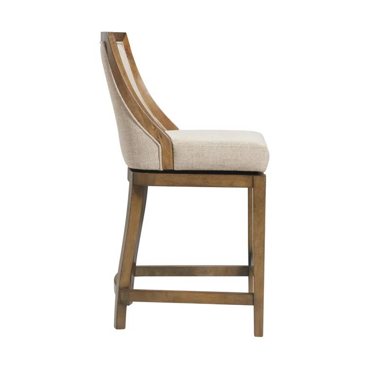 Alaterre Ellie Bar Height Stool, Back, Swivel Seat, Brown, Upholstered Padded Seat, Rubberwood Frame, Steel Memory Return Mechanism, Dimensions 19 in. W x 22 in. D x 46 in. H, Footrest, Metal Kick Plate