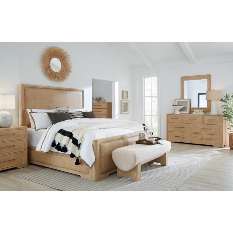 Beige Wood California King Upholstered Panel Bed with Headboard
