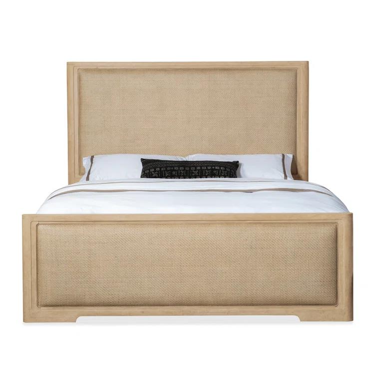 Beige Wood California King Upholstered Panel Bed with Headboard