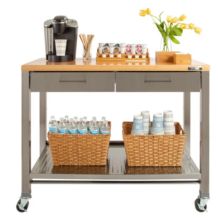 48'' Wide Stainless Steel Kitchen Rolling Cart Island with Solid Wood Top
