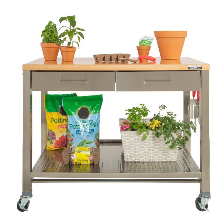 48'' Wide Stainless Steel Kitchen Rolling Cart Island with Solid Wood Top