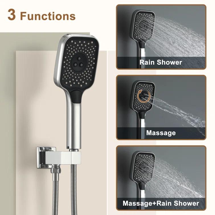 Revitalize 3-Function 12 Inch Wall Mount Rainfall Thermostatic Shower System with 6 Body Jets