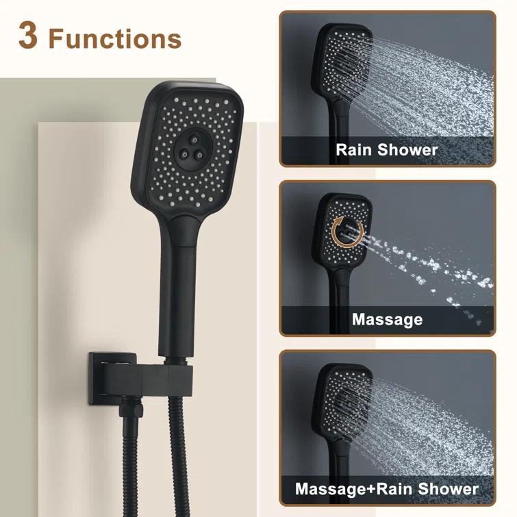 Revitalize 3-Function 12 Inch Ceiling Mount Rainfall Thermostatic Shower System with 6 Body Jets