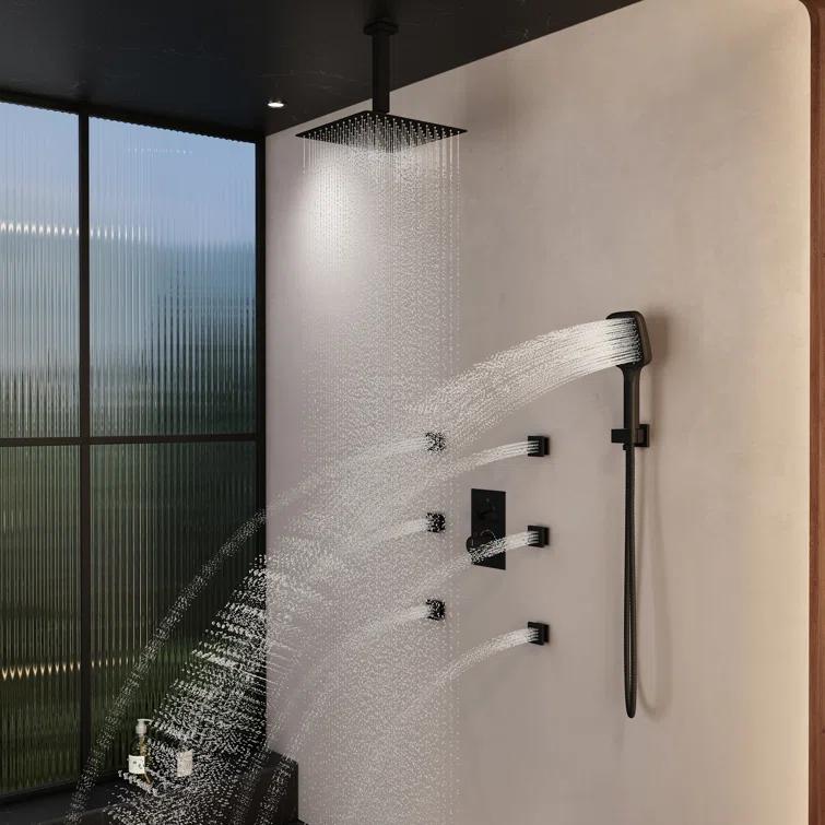 Revitalize 3-Function 12 Inch Ceiling Mount Rainfall Thermostatic Shower System with 6 Body Jets