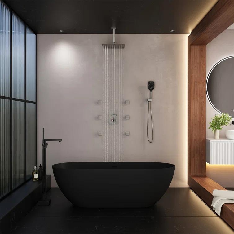 Revitalize 3-Function 12 Inch Ceiling Mount Rainfall Thermostatic Shower System with 6 Body Jets