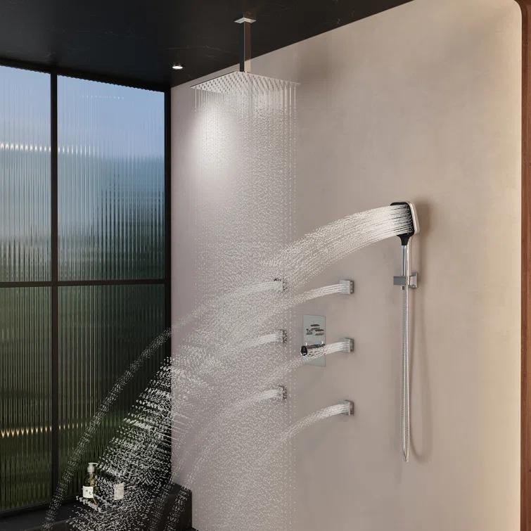 Revitalize 3-Function 12 Inch Ceiling Mount Rainfall Thermostatic Shower System with 6 Body Jets