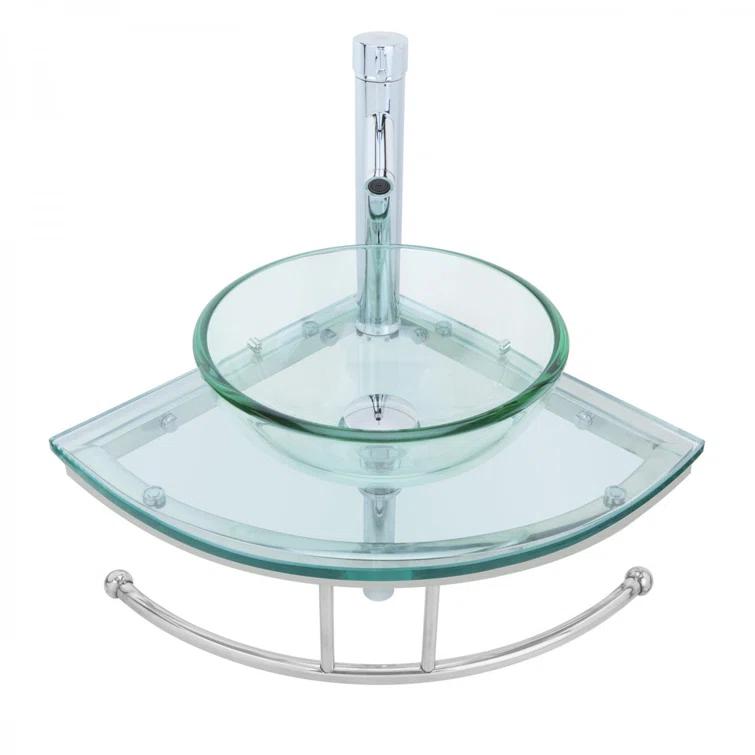 The Renovators Supply Inc. 10889 Round Corner Glass Wall Mount Bathroom Vessel Sink with Chrome Faucet Towel Bar