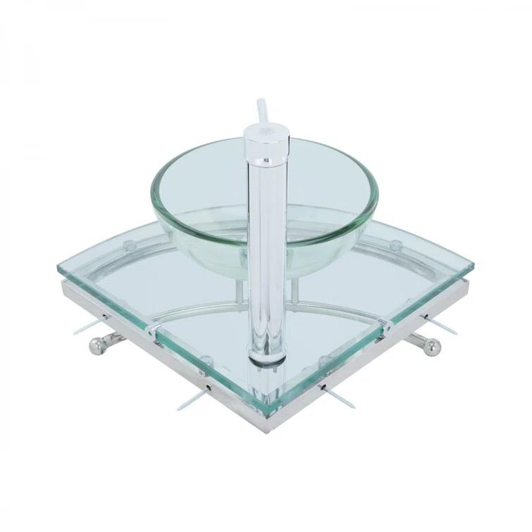 The Renovators Supply Inc. 10889 Round Corner Glass Wall Mount Bathroom Vessel Sink with Chrome Faucet Towel Bar