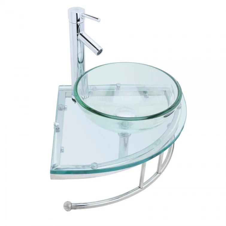 The Renovators Supply Inc. 10889 Round Corner Glass Wall Mount Bathroom Vessel Sink with Chrome Faucet Towel Bar
