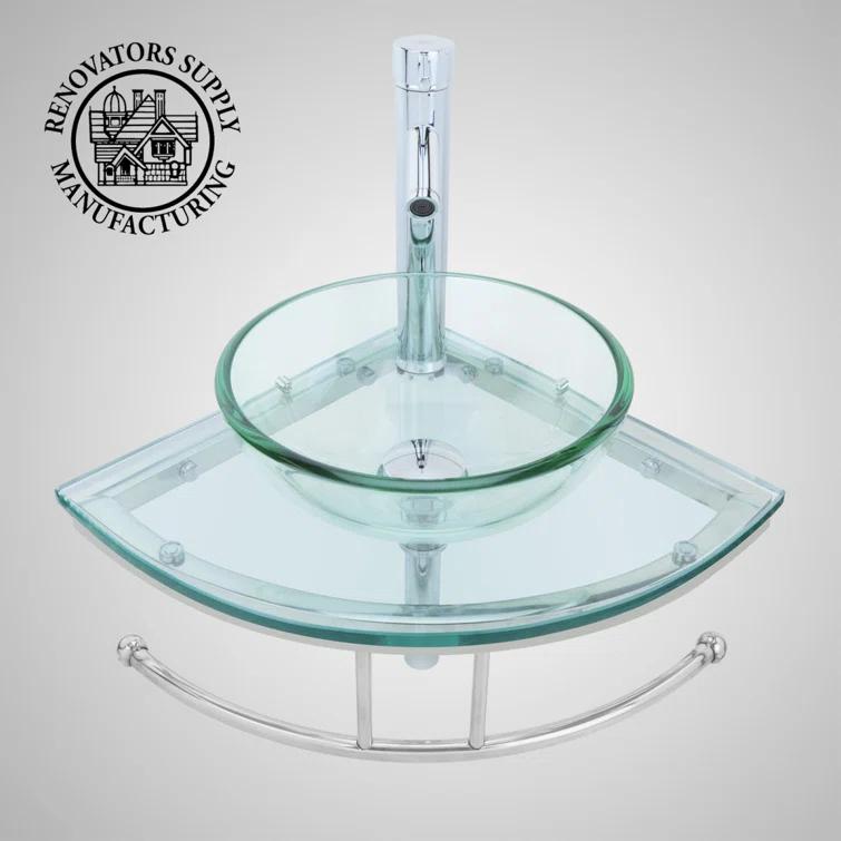 The Renovators Supply Inc. 10889 Round Corner Glass Wall Mount Bathroom Vessel Sink with Chrome Faucet Towel Bar
