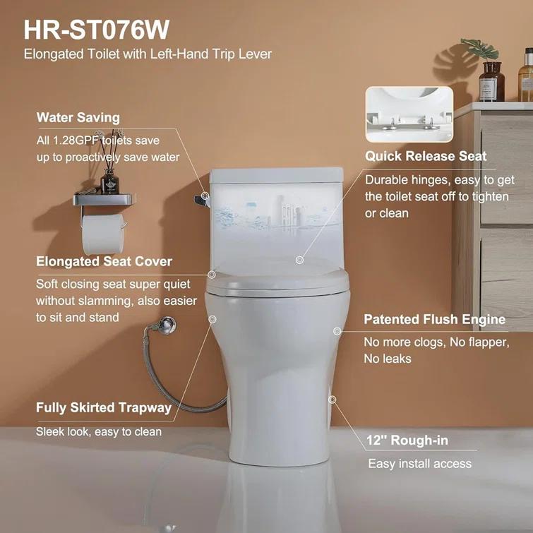 1.28 GPF Single-Flush（Left）/Dual Flush(Top) Elongated Comfort Height Floor Mounted One-Piece Toilet (Soft Closing Included)