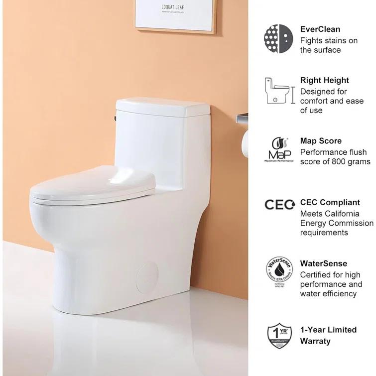 1.28 GPF Single-Flush（Left）/Dual Flush(Top) Elongated Comfort Height Floor Mounted One-Piece Toilet (Soft Closing Included)