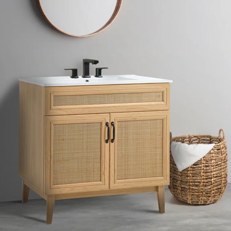Javer 36" Rattan Modern Farmhouse 2-Shelf Bath Vanity Cabinet Only (Sink Basin not Included)