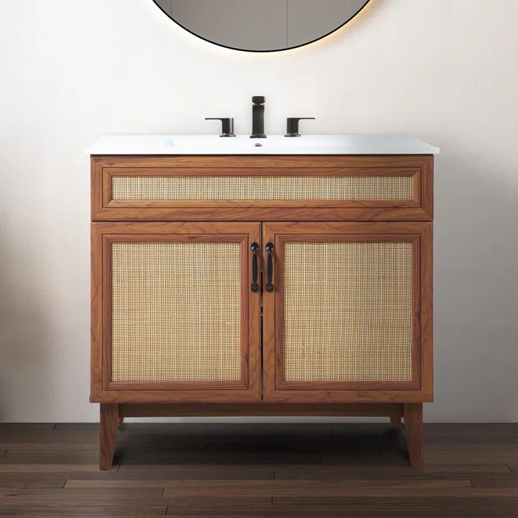 Javer 36" Rattan Modern Farmhouse 2-Shelf Bath Vanity Cabinet Only (Sink Basin not Included)