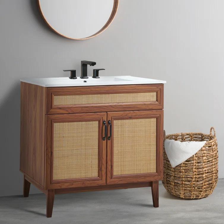 Javer 36" Rattan Modern Farmhouse 2-Shelf Bath Vanity Cabinet Only (Sink Basin not Included)