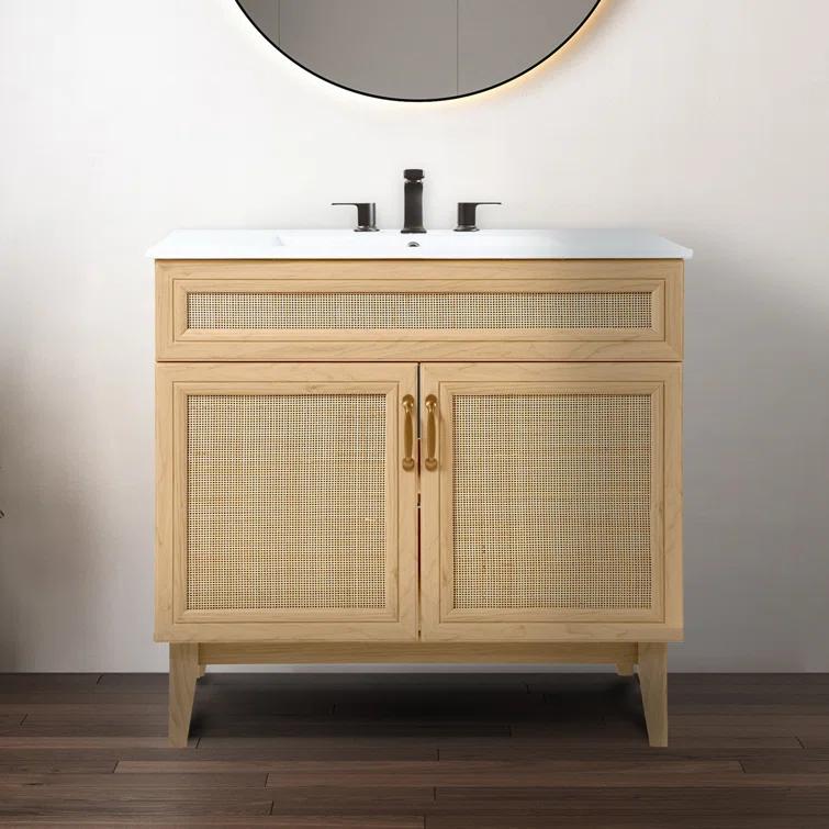 Javer 36" Rattan Modern Farmhouse 2-Shelf Bath Vanity Cabinet Only (Sink Basin not Included)