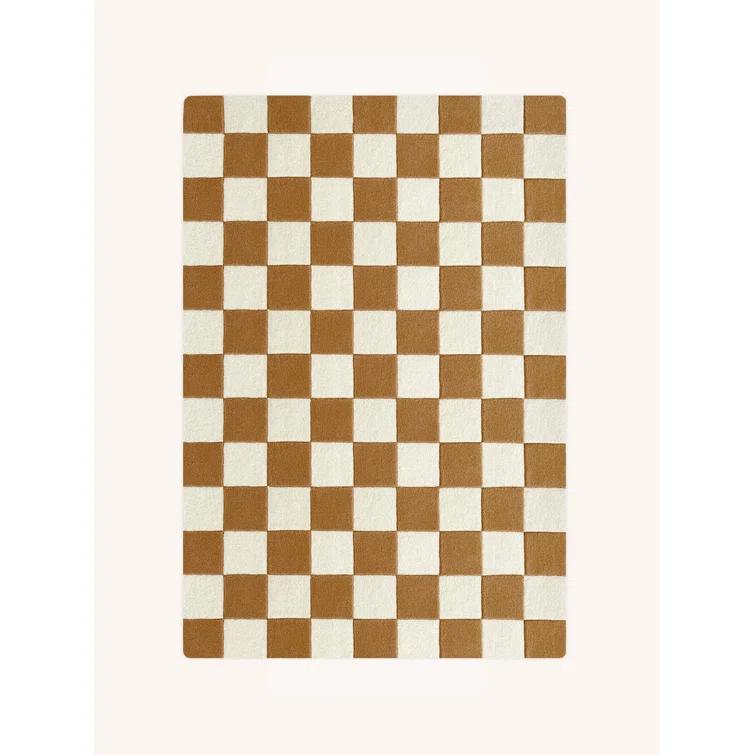 Terra Brown and White Hand-Tufted Wool Checkerboard Rug